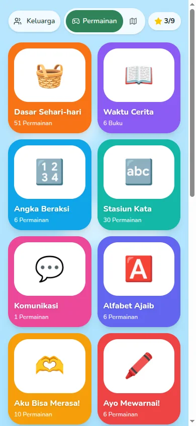 Halaman koleksi permainan Terakidz dengan kartu kategori berwarna: Dasar Sehari-hari, Waktu Cerita, Angka Beraksi, Stasiun Kata, Komunikasi, Alfabet Ajaib, Aku Bisa Merasa, dan Ayo Mewarnai.
