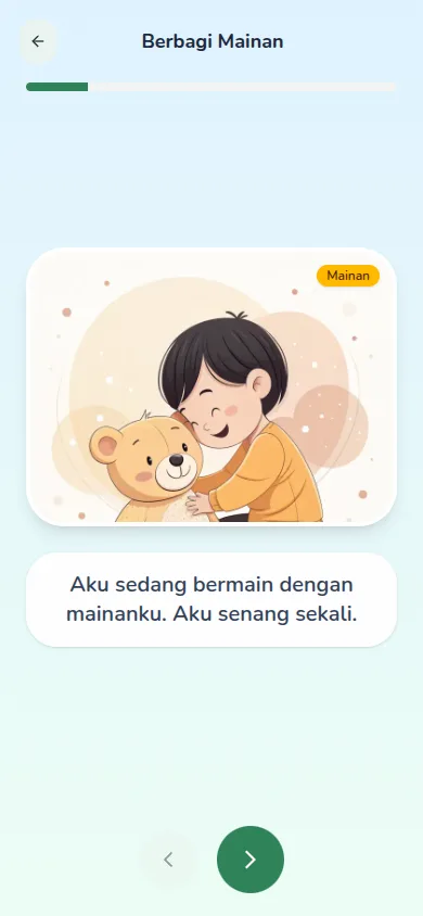 Halaman cerita sosial Terakidz 'Berbagi Mainan' — ilustrasi anak memeluk boneka beruang dengan kalimat sederhana Bahasa Indonesia untuk melatih keterampilan sosial.